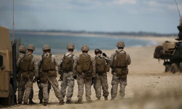 NATO soldiers attend a NATO military exercise at Raposa beach, near Setubal