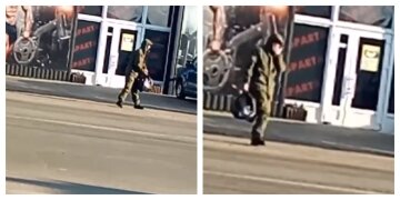 Російський військовий із чорним пакетом заблукав у Мелітополі, відео: "блукав вулицею і..."