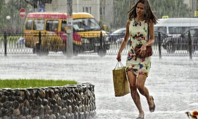 погода, дождь, лужи, ливень, девушка