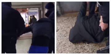 Повалили на землю лицом в пол: в Харькове полиция вывела из метро мужчину без маски, кадры