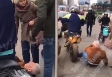Мотоциклист под возгласы "Это Киев, детка!" избил пенсионера, видео: "решил проехать по тротуару"