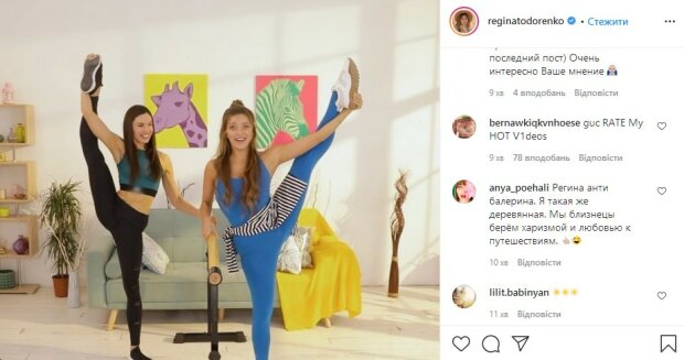 Тодоренко переборщила, задрав ногу выше головы, и рухнула перед камерой: «Тянем, Регина, тянем»