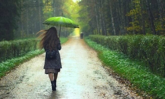 девушка, дождь, зонт