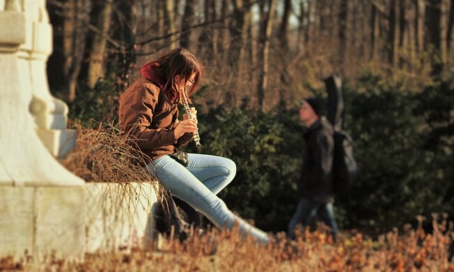 погода, осень, парк, музыкант