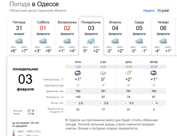 Какой будет погода в Одессе 3 февраля