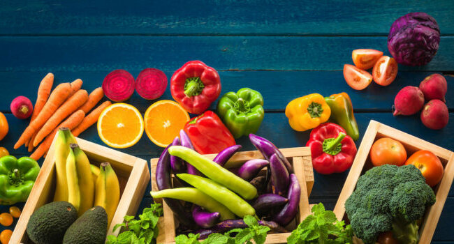 Flat lay of fresh  fruits and vegetables for background, Different fruits and vegetables for eating 