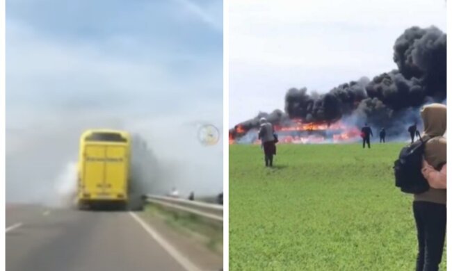 Відео початку пожежі в рейсовому автобусі на трасі Київ-Одеса: "згорів весь багаж"