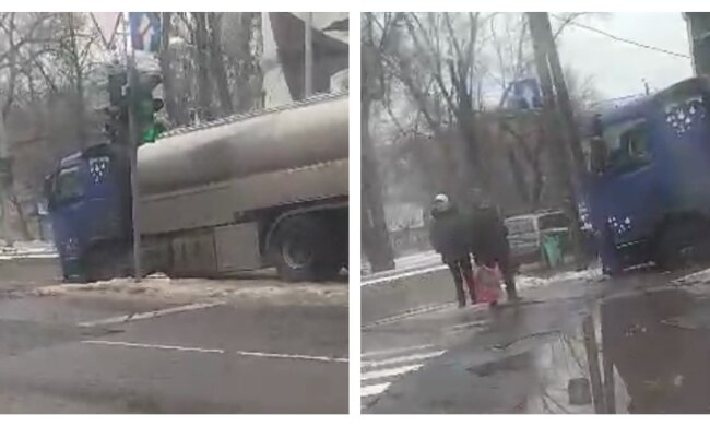 Прямо біля переходу з людьми: у Харкові вантажівка "потонула" в асфальті, моторошні кадри