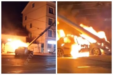 В Одессе иномарка на бешеной скорости влетала в столб и взорвалась: видео ЧП