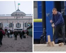 "Що дають, тим і топлять": на вокзалі Одеси провідник поїзда рубає дрова для обігріву вагона, відео