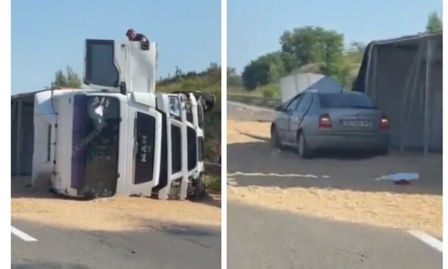 Трассу Одесса-Киев засыпало зерном после аварии, под лавину попало авто: видео происходящего