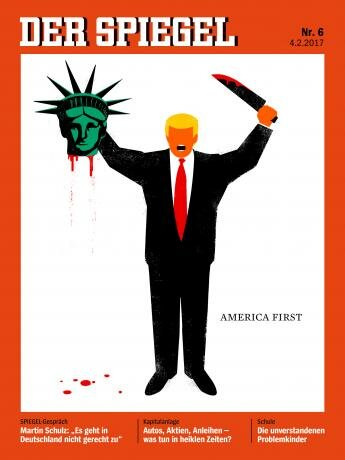 U. S. President Donald Trump is depicted beheading the Statue of Liberty in this illustration on the cover of the latest issue of German news magazine Der Spiegel. Spiegel/Handout via REUTERS