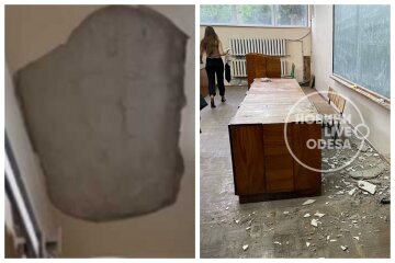 В одесском вузе во время лекции обвалился потолок, видео: прямо на стол преподавательницы