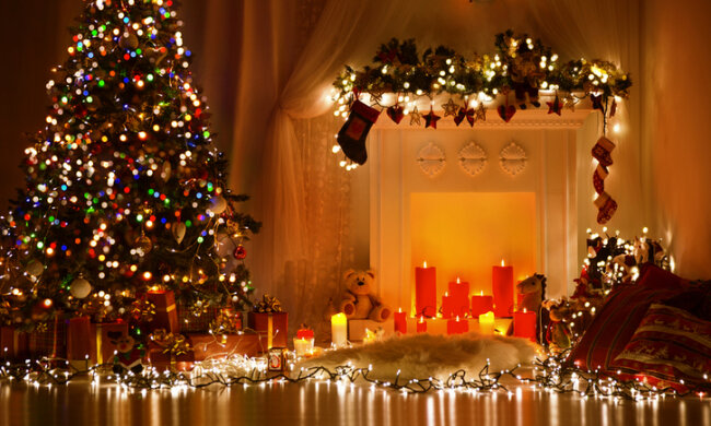 Christmas Room Interior Design, Xmas Tree Decorated By Lights Pr