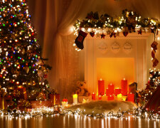 Christmas Room Interior Design, Xmas Tree Decorated By Lights Pr