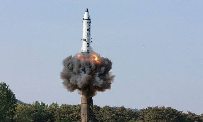 FILE PHOTO — The scene of the intermediate-range ballistic missile Pukguksong-2’s launch