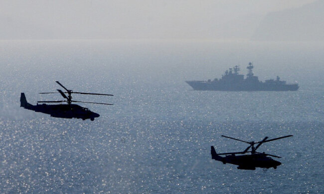 Военные, вертолеты, корабль, море