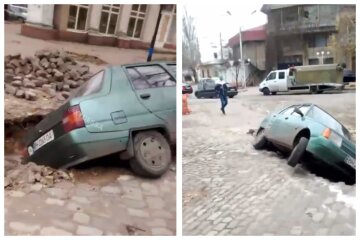 Вирішив припаркуватися: в Одесі легковик "пішов" у розриту яму, кадри