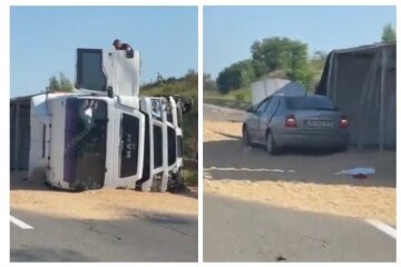 Трассу Одесса-Киев засыпало зерном после аварии, под лавину попало авто: видео происходящего