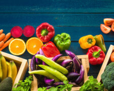 Flat lay of fresh  fruits and vegetables for background, Different fruits and vegetables for eating 