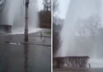 "Открыли фонтан или сильно прорвало трубу": в Киеве вода бьет струей на десяток метров вверх, кадры