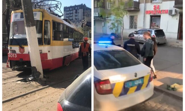 В Одессе трамвай сошел с путей и затормозил в столб: очевидцы сняли всё на видео