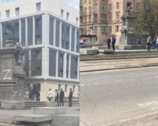 Пам'ятник Пушкіну змалювали російською свастикою в Дніпрі, кадри: з'їхалася поліція