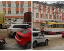 Грузовик застрял в Одессе, движение общественно транспорта парализовано: видео с места