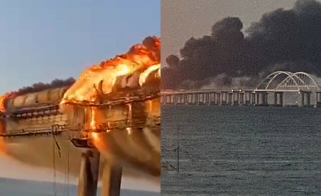 Взрывы и пожар на Крымском мосту, дорога разрушена, движение перекрыто: кадры последствий