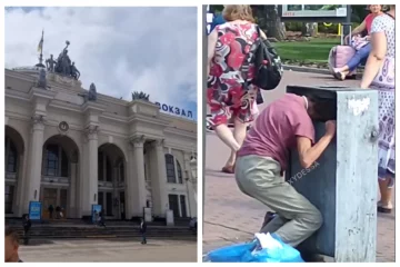 Мужчина засунул голову в мусорник возле Ж/Д вокзала, кадры: пришлось вызывать спасателей