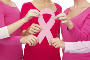 close up of women with cancer awareness ribbons