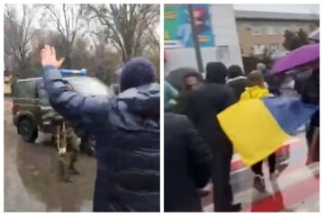 Простые украинцы решили остановить вражескую технику голыми руками, слышны выстрелы: "Оккупанты!"