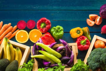 Flat lay of fresh  fruits and vegetables for background, Different fruits and vegetables for eating 