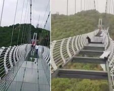 Турист попал в западню на стеклянном мосту: до земли 100 метров, кадры с места