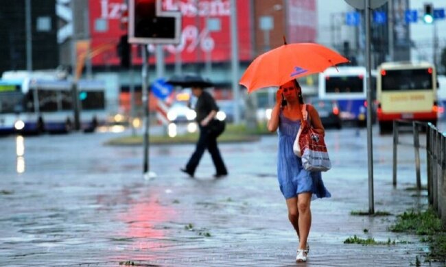 погода, дождь, лужи, зонт, девушка