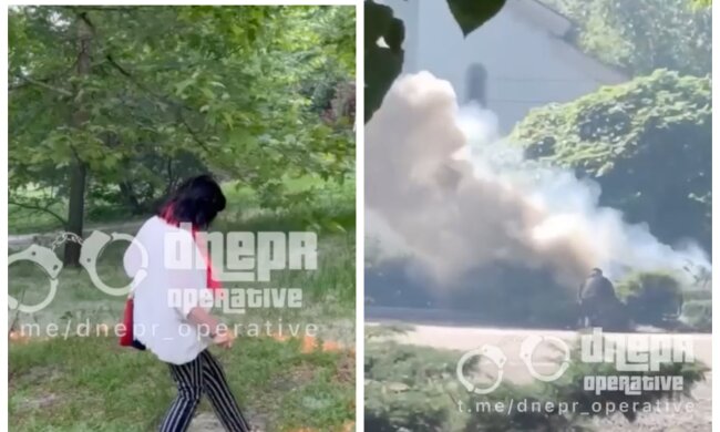 Женщина устроила пожар в центральном парке Днепра, кадры: "Поджигала пух"