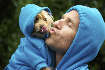 Man Kisses Best Friend Dog Matching Blue Hoodies at Park