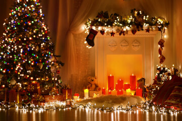 Christmas Room Interior Design, Xmas Tree Decorated By Lights Pr