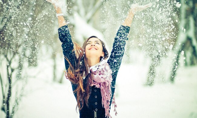 зима, счастье, радость, женщина