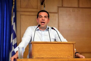 Greek Prime Minister Tsipras gives a speech at the Agriculture Ministry in central Athens