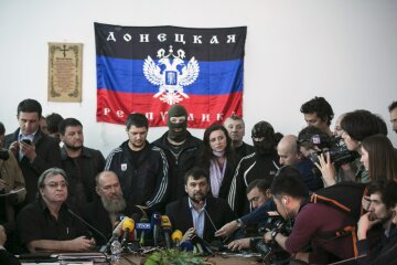The head of pro-Russian separatists government Denis Pushilin speaks during news conference in regio