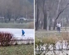 В Киеве ребенок забрался на замерзшее озеро, пока отец "сидел" в телефоне: видео вопиющего случая