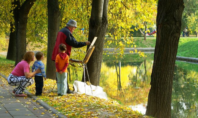 погода, осень, парк, художник
