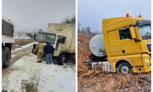 Вантажівки злітають з дороги через ожеледицю: у ДСНС показали кадри НП на Одещині