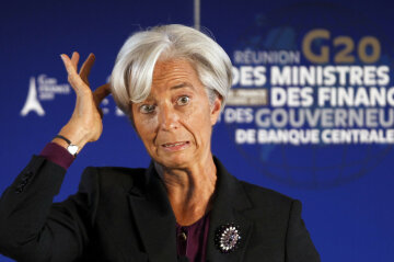 IMF head Christine Lagarde reacts during a news conference at the G20 meeting at the ministry in Par