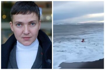 Савченко в красном платье накрыло штормовой волной, появилось видео