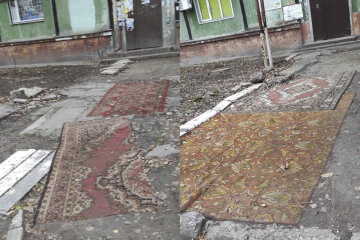 В Днепре покрыли тротуары коврами вместо асфальта, фото: "теперь нет луж"