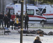 Rescue teams gather at the scene after an explosion in central Istanbul