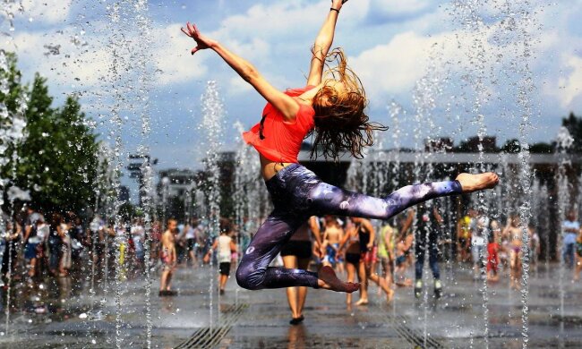 погода, лето, жара, фонтан, девушка