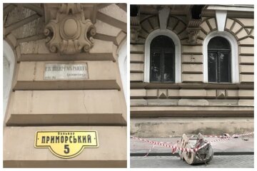 НП на Приморському бульварі в Одесі, кадри: впав великий шматок і вирвав ліхтар